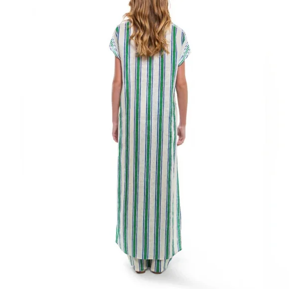 TORY BURCH Green Blue yellow Preppy Striped Linen Kaftan Dress w/ Logo  Detail M
